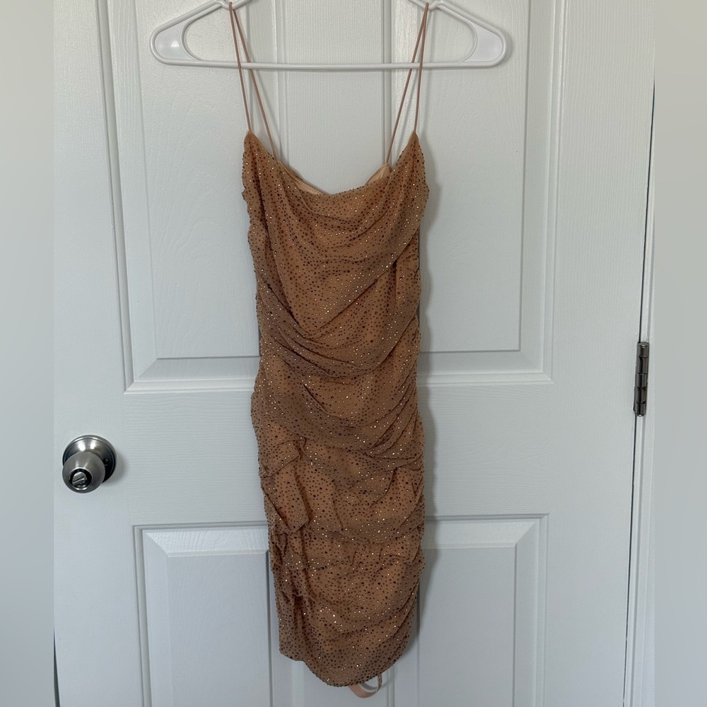 Oh Polly Gold Embellished Ruched Mini Dress size 4
